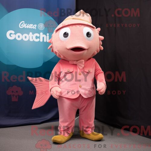 Costume De Mascotte Redbrokoly De Poisson Rouge Rose Habillé D Un Pantalon En Velours Côtelé Et De Pochettes De Costume