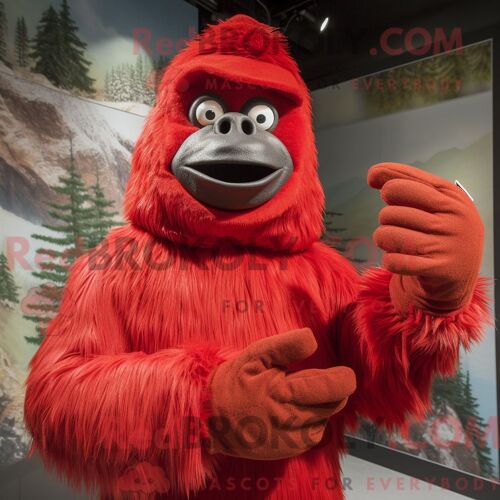 Costume Mascotte Redbrokoly De Sasquatch Rouge Habillé D Un Col Roulé Et De Gants