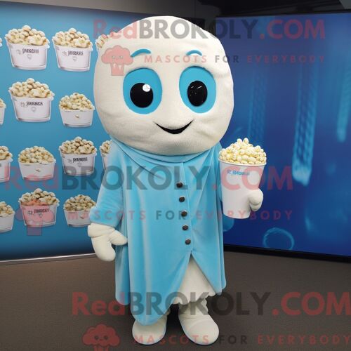 Costume De Mascotte Redbrokoly Pop Corn Bleu Ciel Habillé D Une Combishort Et D Épingles À Châle