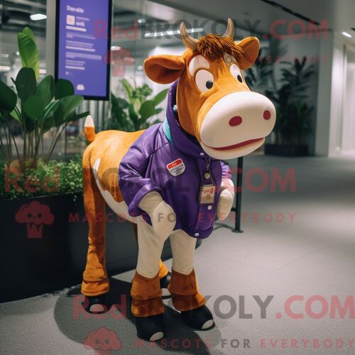 Costume De Mascotte Redbrokoly De Vache Violette De Guernesey Habillé D Un Jean Bootcut Et D Un Porte-Monnaie