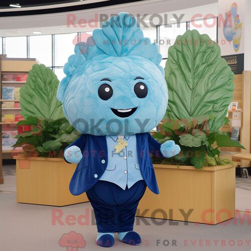 Costume De Mascotte Redbrokoly De Feuille De Chou Bleu Ciel Habillé Avec Une Veste De Costume Et Des Pochettes