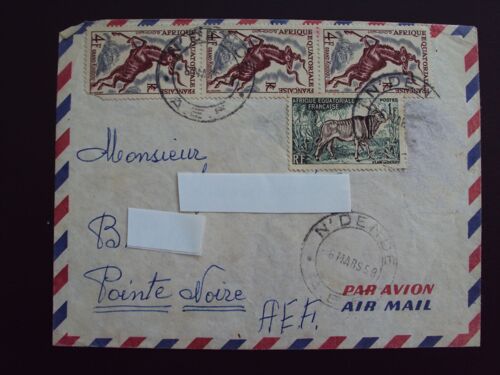 Afrique Equatoriale Française.4 Timbres Série"Faune"3 Grand Kourou,1 Elan De Derby.Enveloppe Air Mail Oblitérée N' Dende 6 Mars 58.