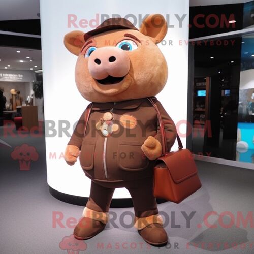 Personnage De Costume De Mascotte Redbrokoly De Cochon Marron Habillé Avec Des Leggings Et Des Sacs À Main