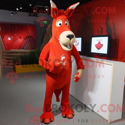 Costume De Mascotte Redbrokoly D Âne Rouge Habillé D Un Legging Et D Épingles À Châle