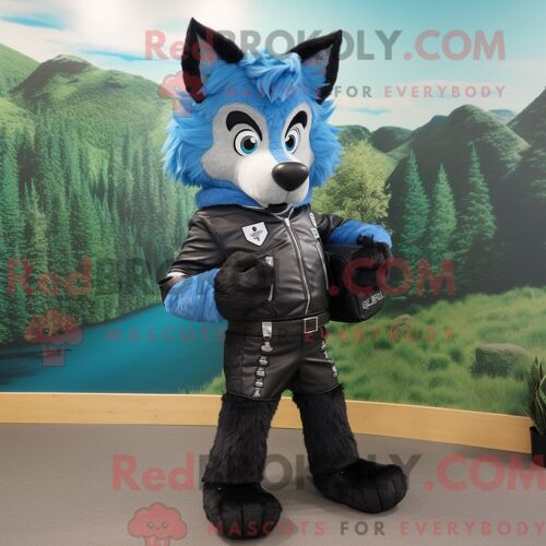 Costume Mascotte Redbrokoly Blue Shepard S Pie Habillé Avec Une Veste De Motard Et Des Sacs À Dos