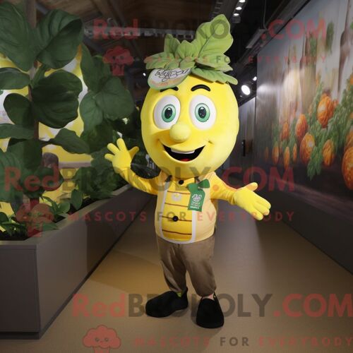 Costume Mascotte Redbrokoly De Haricot Jaune Habillé D Un Gilet Et De Broches