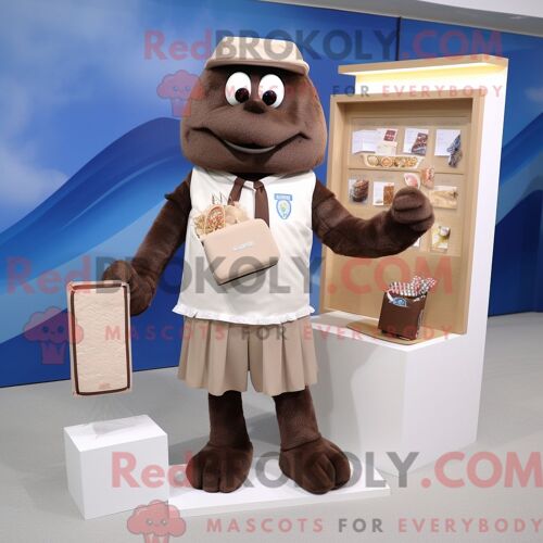 Personnage De Costume De Mascotte Redbrokoly De Barres De Chocolat Beiges Habillé Avec Un Short Et Des Épinglettes