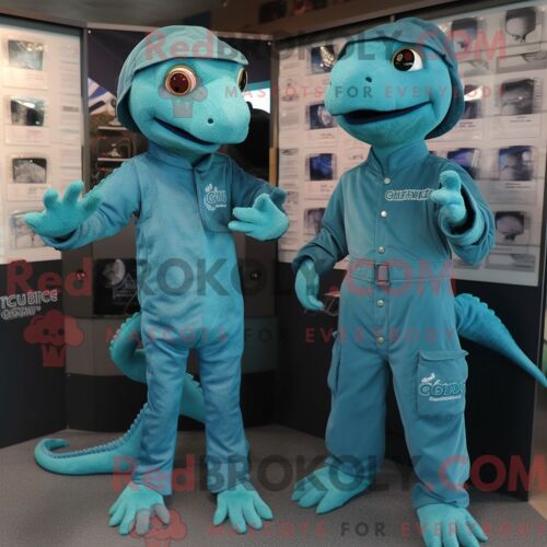 Costume De Mascotte Redbrokoly De Geckos Bleu Sarcelle Habillé D Une Combinaison Et De Montres Numériques