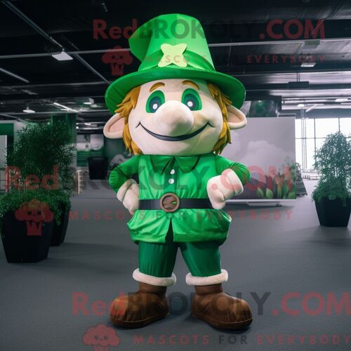 Costume De Mascotte Redbrokoly De Leprechaun Vert Forêt Personnage Habillé Avec Une Robe Portefeuille Et Des Bretelles