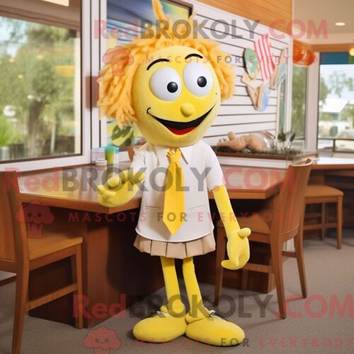 Costume De Mascotte Redbrokoly De Langoustines Aux Crevettes Jaune Citron Personnage Habillé Avec Une Jupe Crayon Et Des Épingles À Cravate