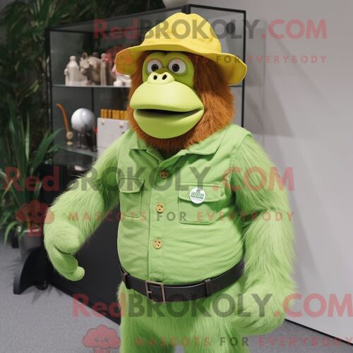 Costume De Mascotte Redbrokoly D Orang-Outan Vert Citron Habillé D Une Salopette Et D Épingles À Chapeau
