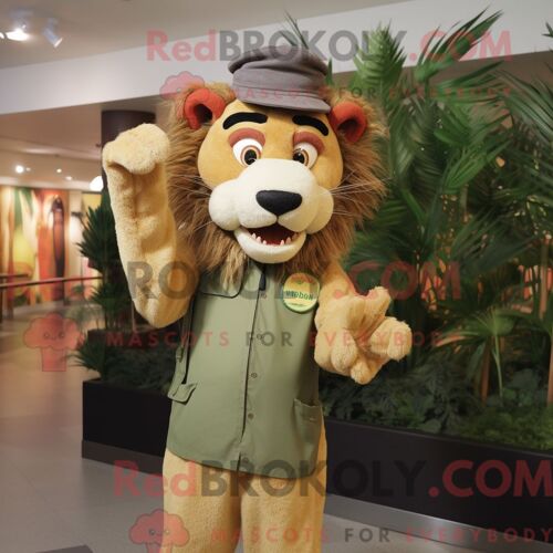 Mascotte Redbrokoly De Lion Tamer Olive Personnage Habillé Avec Une Combinaison Et Des Casquettes