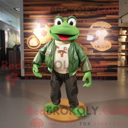 Costume De Mascotte Redbrokoly De Grenouille Verte Forestière Habillé D Un Blouson Aviateur Et De Pinces À Chaussures