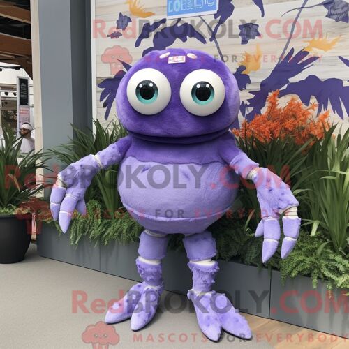 Personnage De Costume De Mascotte Redbrokoly De Beignets De Crabe À La Lavande Habillé Avec Un Jean Évasé Et Des Broches
