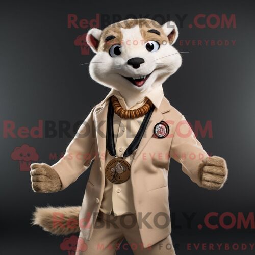 Mascotte Redbrokoly De Belette Beige Costume De Personnage Habillé Avec Un Blazer Et Des Bracelets