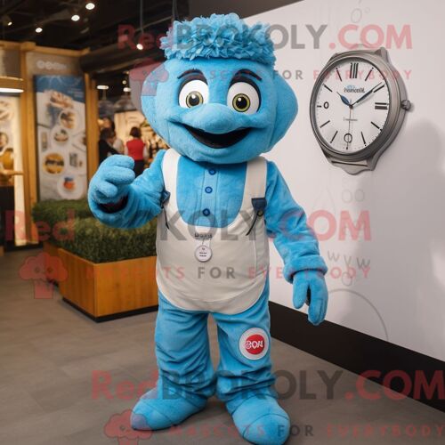 Costume De Mascotte Redbrokoly Biryani Bleu Ciel Habillé D Une Salopette Et De Montres Intelligentes