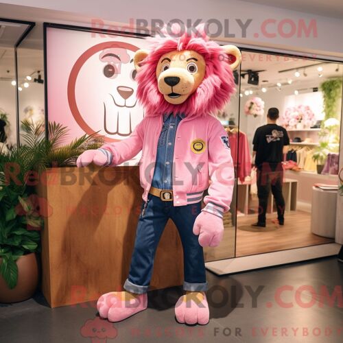 Costume De Mascotte Redbrokoly De Lion Tamer Rose Habillé Avec Un Jean Bootcut Et Des Bagues