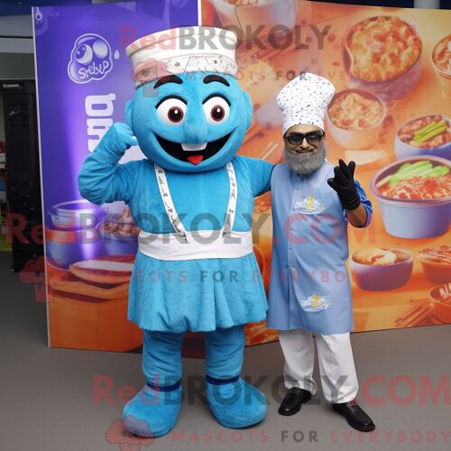 Costume De Mascotte Redbrokoly Biryani Bleu Ciel Habillé D Une Salopette Et De Montres Intelligentes