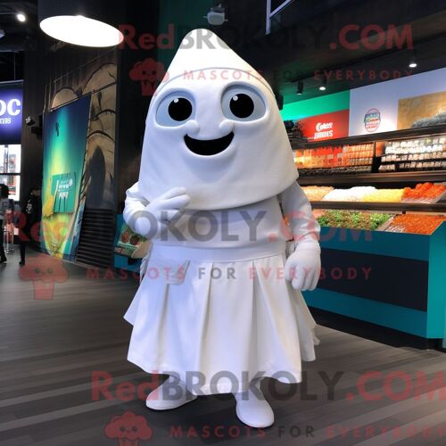 Costume Mascotte Redbrokoly De Ceviche Blanc Habillé D Une Jupe Portefeuille Et De Sacs Messager