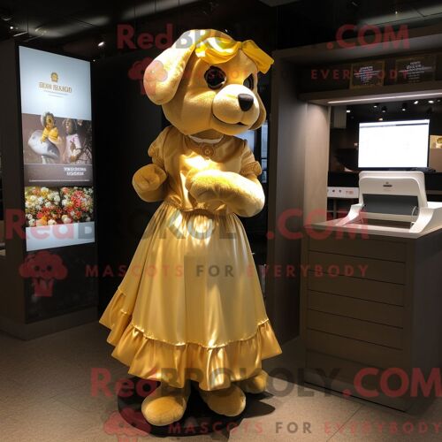 Personnage De Costume De Mascotte Redbrokoly De Chien D Or Habillé Avec Une Jupe Et Des Ceintures De Smoking