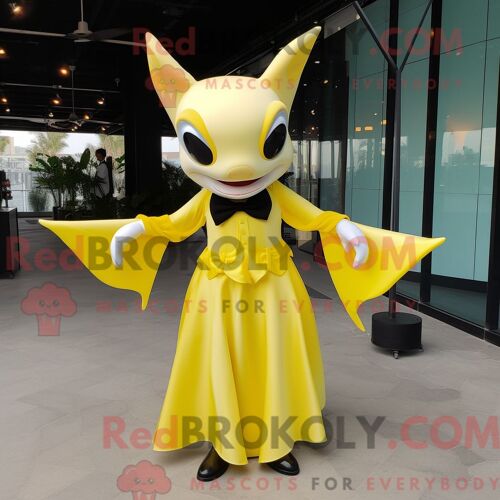Costume De Mascotte Redbrokoly De Raie Manta Jaune Personnage Habillé Avec Une Jupe Trapèze Et Des Noeuds Papillons