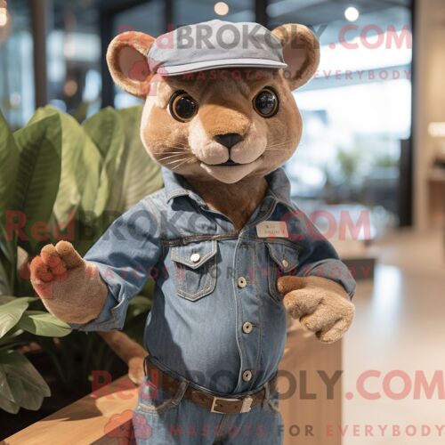 Costume Mascotte Redbrokoly De Jaguarundi Crème Personnage Habillé Avec Un Jean Et Des Boutons De Manchette