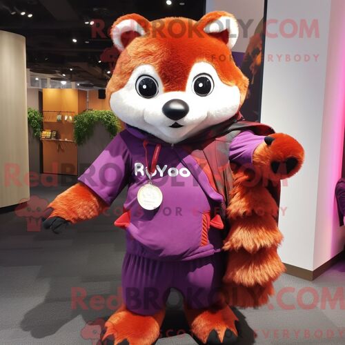 Costume Mascotte Redbrokoly De Panda Roux Lavande Habillé Avec Un Cardigan Et Des Montres