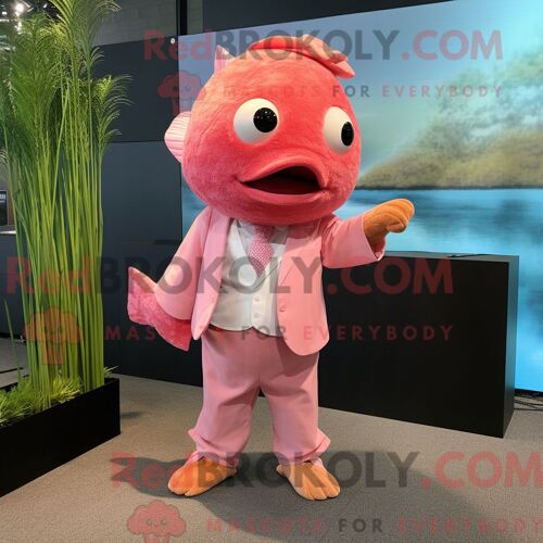 Costume De Mascotte Redbrokoly De Poisson Rouge Rose Habillé D Un Pantalon En Velours Côtelé Et De Pochettes De Costume