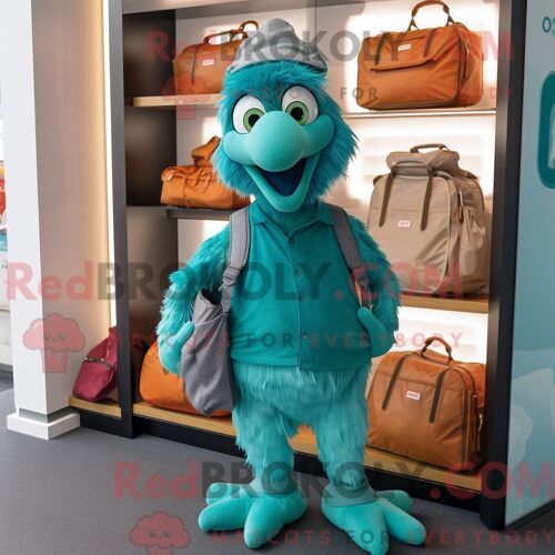 Personnage De Costume De Mascotte Redbrokoly De Poulet Tandoori Bleu Sarcelle Habillé Avec Un Pantalon De Jogging Et Des Sacs Messager
