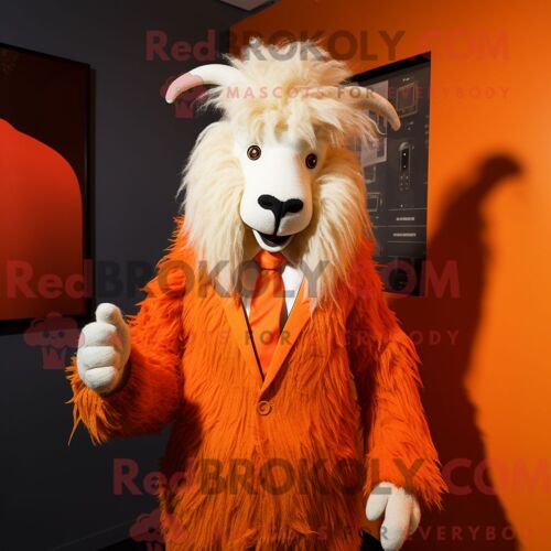 Mascotte Redbrokoly De Chèvre Angora Orange Personnage Habillé Avec Une Veste De Costume Et Des Bagues