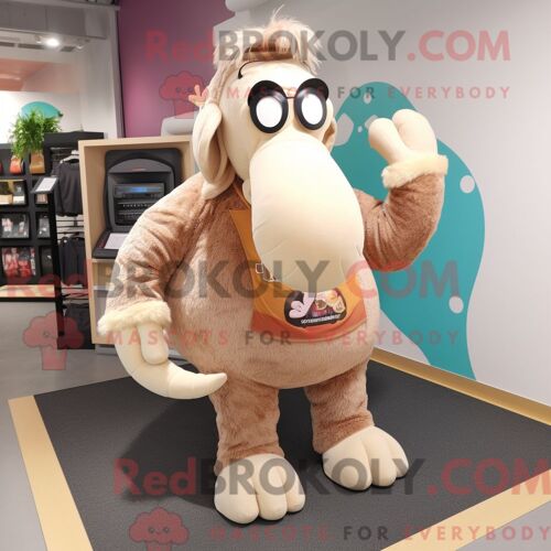Costume Mascotte Redbrokoly De Mammouth Beige Personnage Habillé Avec Un Pantalon De Yoga Et Des Lunettes