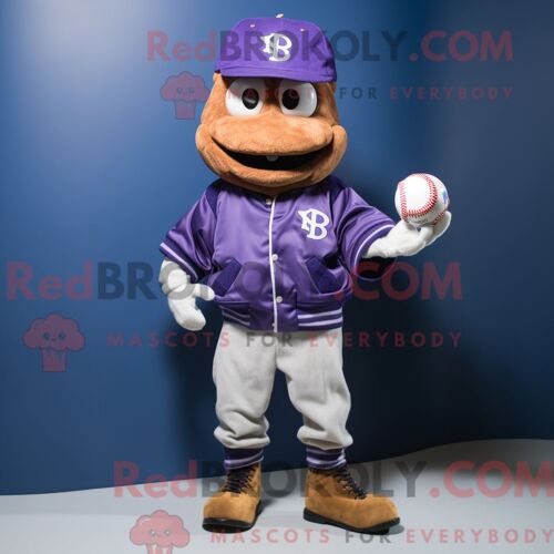 Personnage De Costume De Mascotte Redbrokoly De Balle De Baseball Violet Habillé D Une Veste En Cuir Et De Pinces À Chaussures