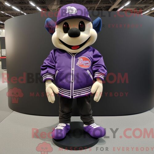 Personnage De Costume De Mascotte Redbrokoly De Balle De Baseball Violet Habillé D Une Veste En Cuir Et De Pinces À Chaussures