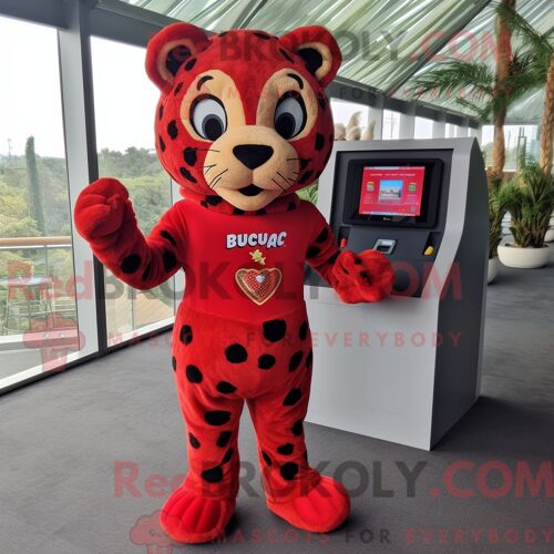Costume Mascotte Redbrokoly De Jaguar Rouge Habillé D Une Combishort Et De Portefeuilles