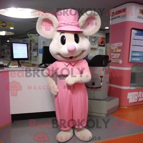Costume Mascotte Redbrokoly De Souris Rose Habillé Avec Une Jupe Crayon Et Des Casquettes