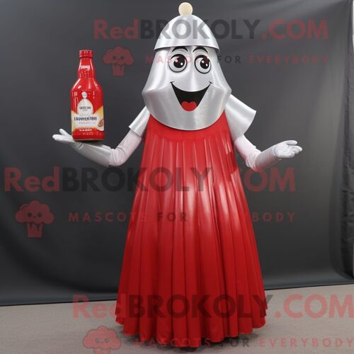 Costume De Mascotte Redbrokoly De Bouteille De Ketchup En Argent Personnage Habillé Avec Une Jupe Plissée Et Des Boucles D Oreilles