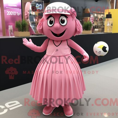 Costume Mascotte Redbrokoly De Boule De Pétanque Rose Personnage Habillé Avec Une Jupe Plissée Et Des Anneaux