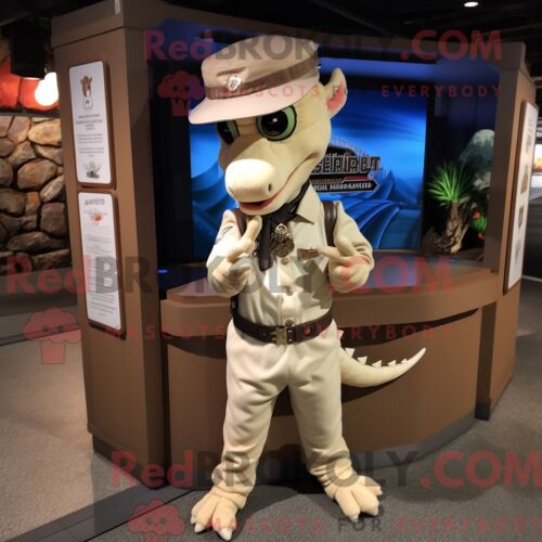 Costume Mascotte Redbrokoly De Dragon Beige Habillé D Un Pantalon Cargo Et De Bérets