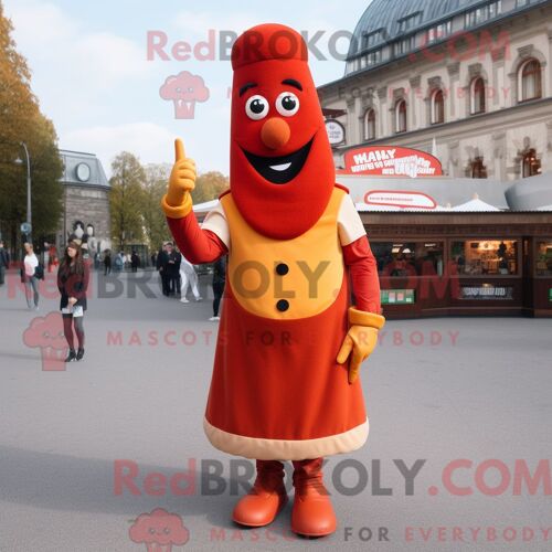 Personnage De Costume De Mascotte Redbrokoly De Currywurst Habillé Avec Une Robe Fourreau Et Des Gants