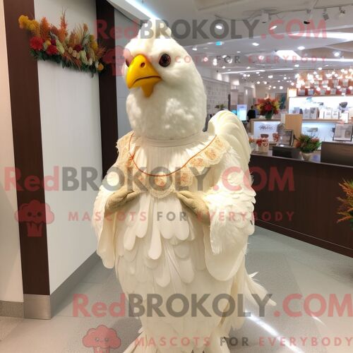 Costume De Mascotte Redbrokoly De Poulet Beige Habillé D Une Robe De Mariée Et De Châles