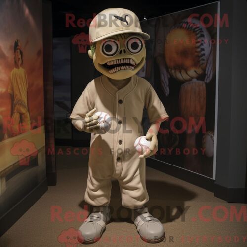 Costume De Mascotte Redbrokoly Tan Undead Habillé Avec Un T-Shirt De Baseball Et Des Lacets De Chaussures