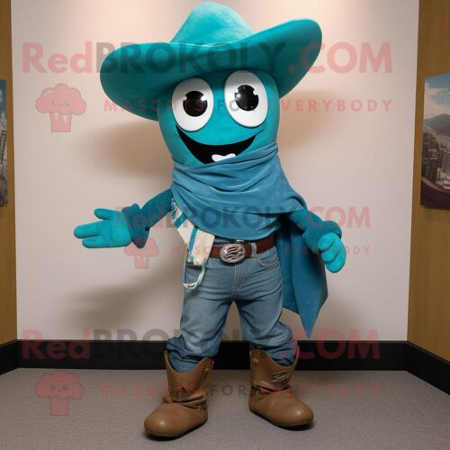 Personnage De Costume De Mascotte Redbrokoly De Cow-Boy Bleu Sarcelle Habillé D'un Jegging Et De Clips D'écharpe