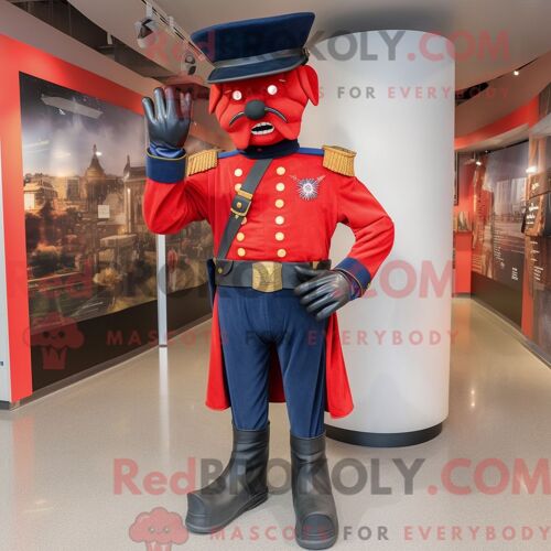 Costume De Mascotte Redbrokoly De Soldat Rouge De La Guerre Civile Habillé D Un Jean Évasé Et De Gants