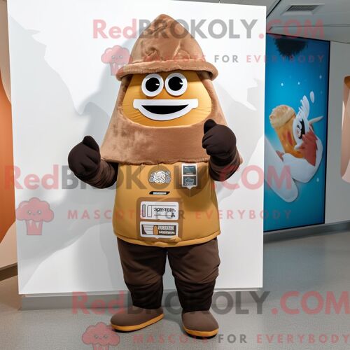 Costume Mascotte Redbrokoly De Nachos Marron Personnage Habillé Avec Une Parka Et Des Casquettes
