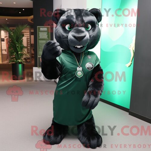 Personnage De Costume De Mascotte Redbrokoly De Panthère Verte Forestière Habillé Avec Une Robe Portefeuille Et Des Portefeuilles