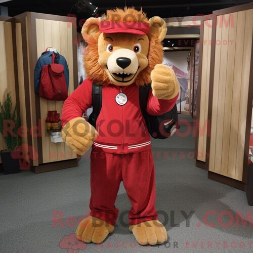 Costume De Mascotte Redbrokoly De Lion Rouge Habillé D Un Pantalon Et De Ceintures En Velours Côtelé