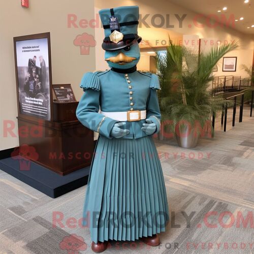 Costume De Mascotte Redbrokoly De Soldat De La Guerre Civile Bleu Sarcelle Habillé Avec Une Jupe Longue Et Des Épinglettes
