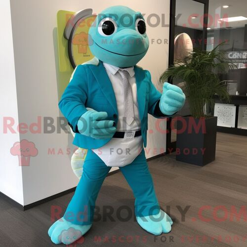 Costume De Mascotte Redbrokoly De Tortue De Mer Bleu Sarcelle Habillé D Une Veste De Costume Et De Montres Numériques