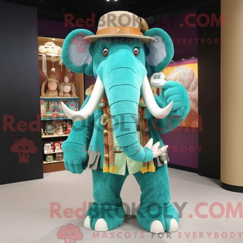 Costume De Mascotte Redbrokoly De Mammouth Turquoise Personnage Habillé D Un Cardigan Et D Épingles À Chapeau