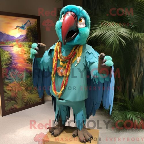 Costume De Mascotte Redbrokoly D Ara Turquoise Habillé D Un Pantalon Et De Colliers En Velours Côtelé